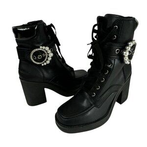 DKNY NWOB Dottie Women's 10M Black Leather Buckle Faux Pearl Heel Combat Boots